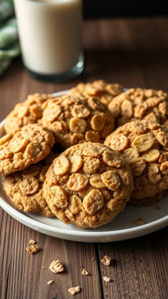 A plate of chewy oatmeal cookies made with bananas and peanut butter, served with a glass of milk.